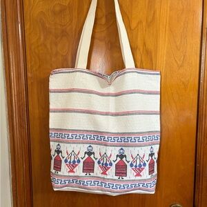 New red black blue cross stitch print cotton blend tote